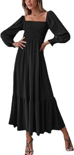 Women's Square Neck Puff Sleeve Hem Elegant Long Sleeve Maxi Dress